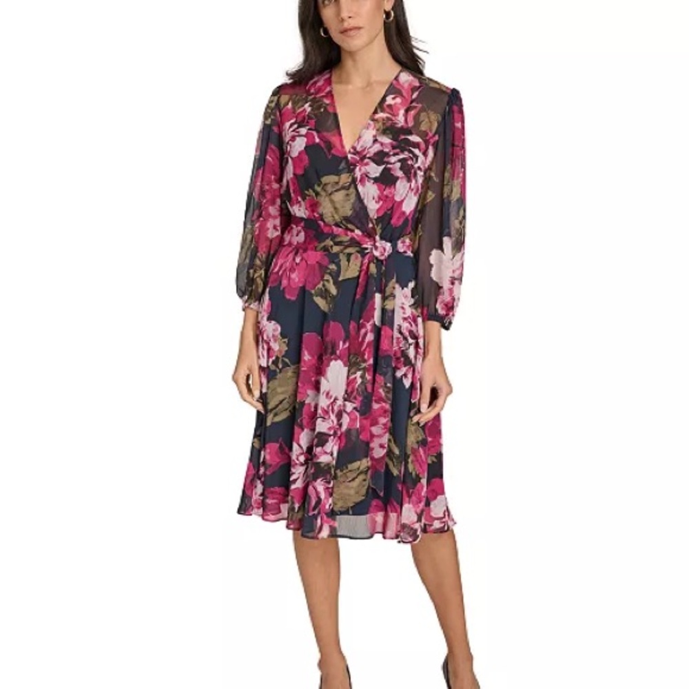 Calvin Klein Pink and Black Floral Midi Dress